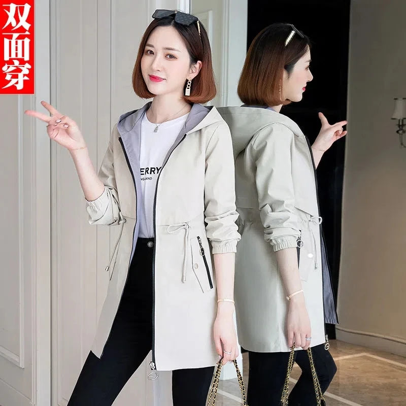 Fashion Double-Sided Wear Trench Coat Women's Mid-Longth Spring Autumn Women's Coats Tops High Quality Hooded Jacket Female Top