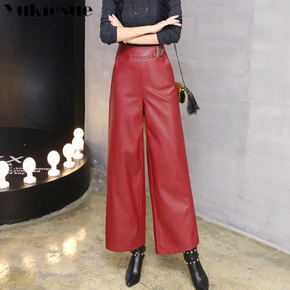 Wide leg pants capirs women 2022 winter warm PU leather pants female trousers OL office formal casual pants woman clothes