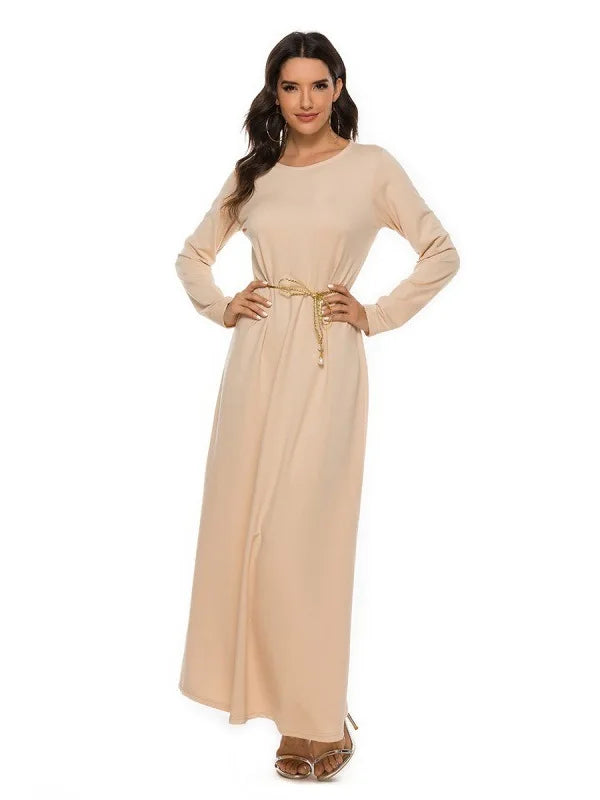 Women's Muslim Worshipwear Basic Long sleeved Laydown Round Neck Dress Middle Eastern Solid Color Robe