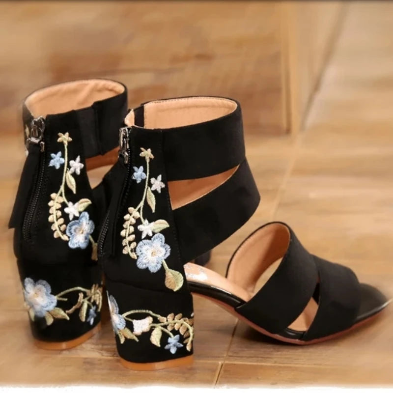 Shoes for Women 2023 New Ankle-Wrap Women's Sandals Summer Black Embroidered Mid-heel Sandals Elegant Open Toe Square Heel Mujer