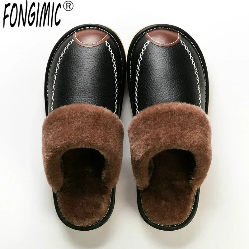 Men Winter Leather Slippers Bedroom Cotton Slippers Male Waterproof Thick Plus Velvet Indoor Warm House Home Slippers Shoes