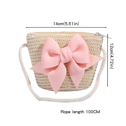 Cute Bow Straw Shoulder Bags Baby Girls Handmade Woven Crossbody Bag Princess Kids Messenger Bags Mini Coin Purse Beach Handbags