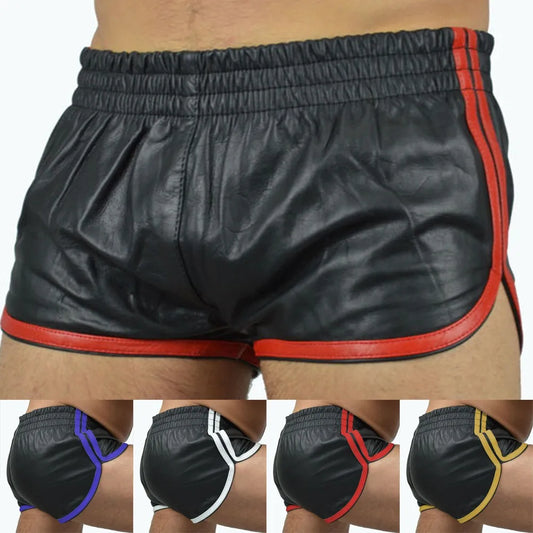 Sexy Men Punk PU Leather Slim Motorcycle Trousers Solid Color Plus Size Shorts Soft Boxershorts Male Panties Shorts