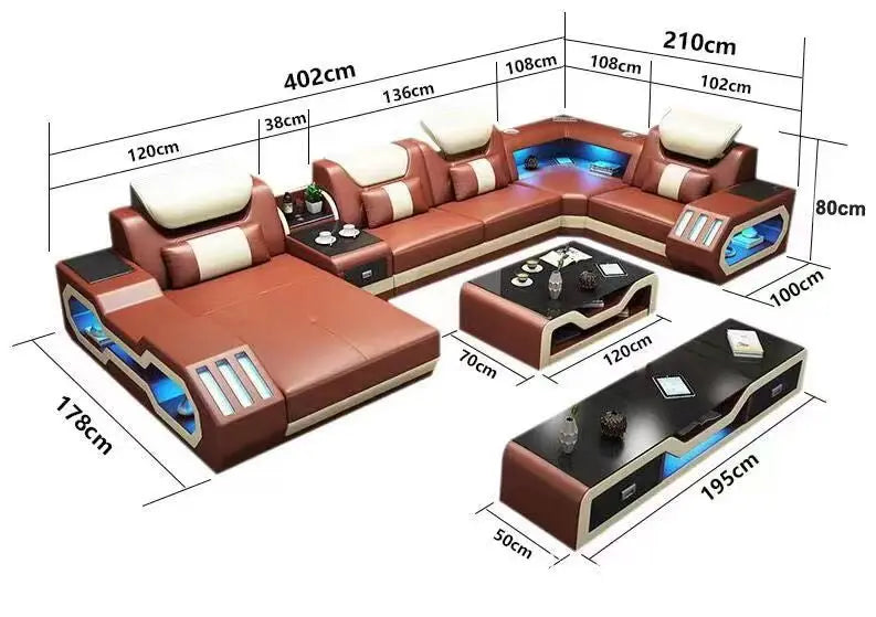 High quality modern style living room leather sofa U-shaped corner sofa design LED lighting cx001 couches for living room