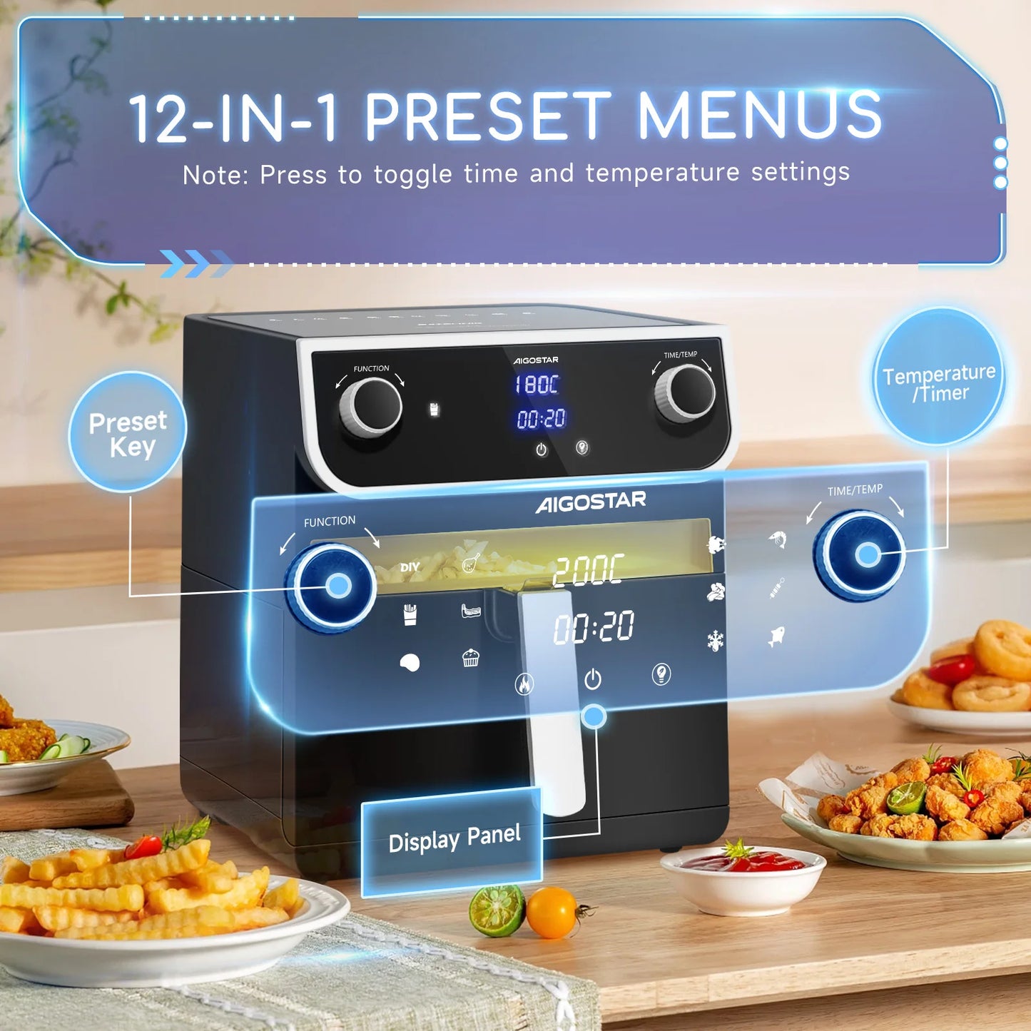 8L Oil Free Fryer, Display Window Air Fryer, 12 Preset Functions + Manual, LED Touch Screen, Dual Use: With Basket or Drawer, No BPA, 1700 W