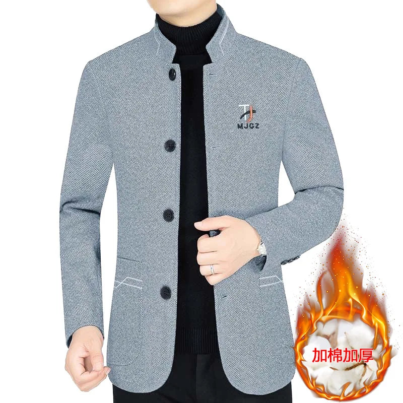 New Winter Men Fleece Warm Blazers Jackets Cashmere Woollen Suits Coats Stand-up Collar Business Casual Trench Coats Jackets 4XL