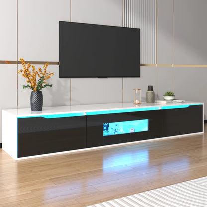 High gloss TV cabinet, lowboard, with multicoloured LED lighting, wall mounting option and dimensions 180cm