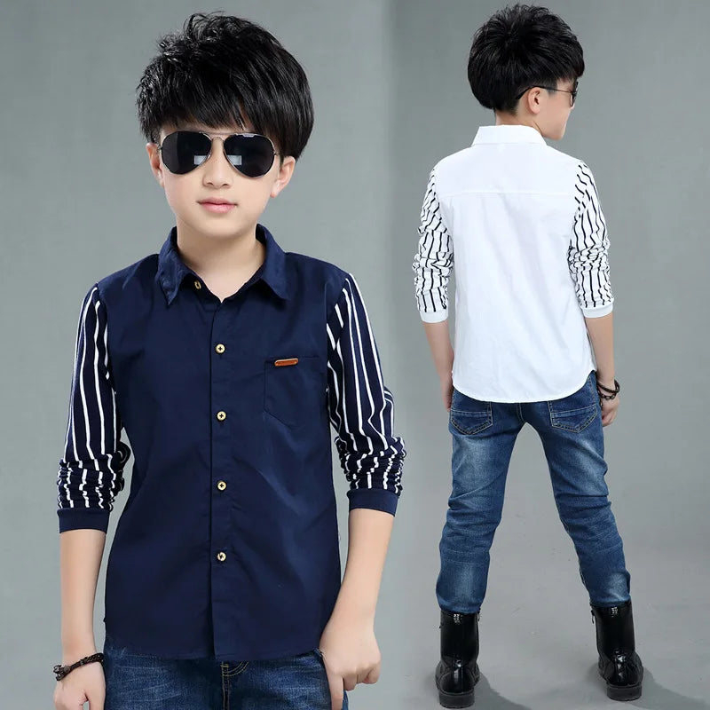 Children's Wear Boys Shirt Long Sleeve Autumn Wear Children's Casual Kids Striped Shirt 4-14 Ages Navy Blue White Kids Stripe