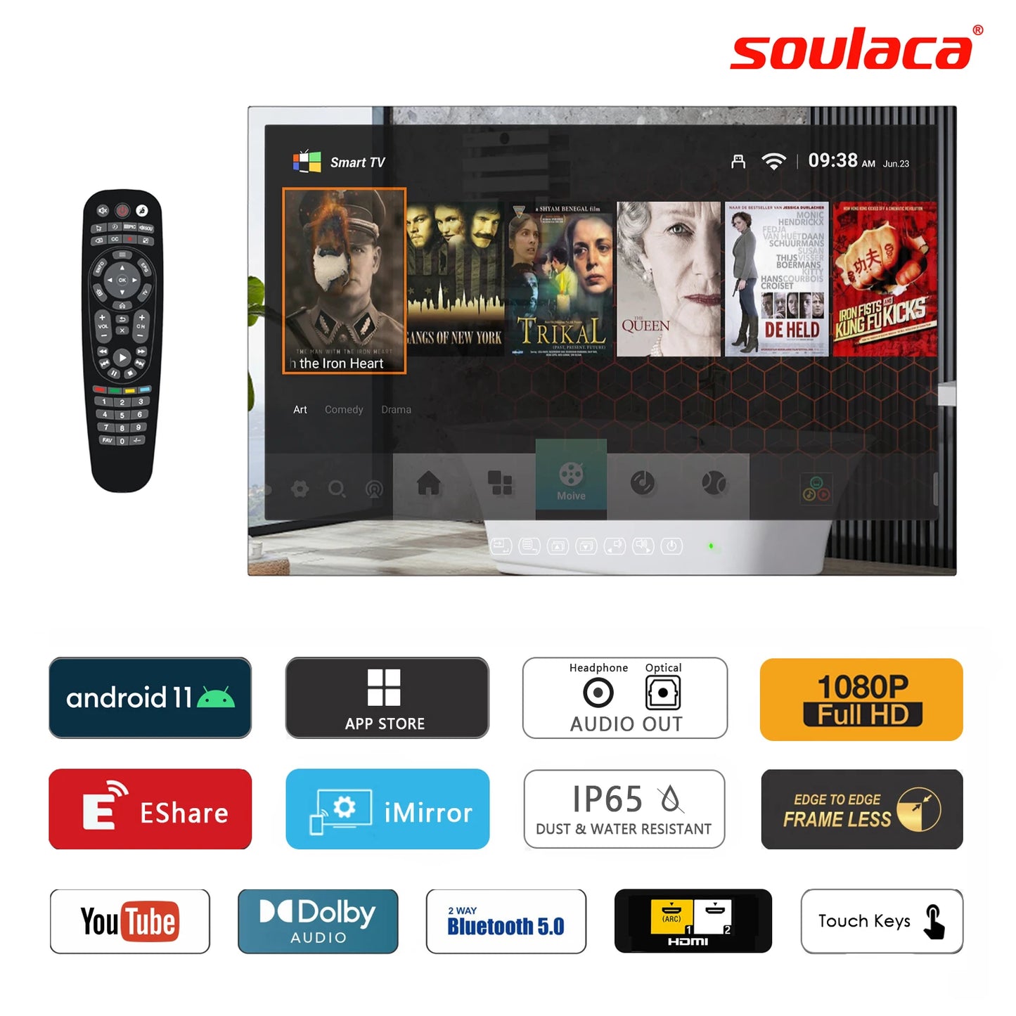 Soulaca 22inches Smart Mirror TV Waterproof 1080P HD Panel Built-in WiFi Bluetooth Android 11.0 New Model 2024 Magic LED US EU