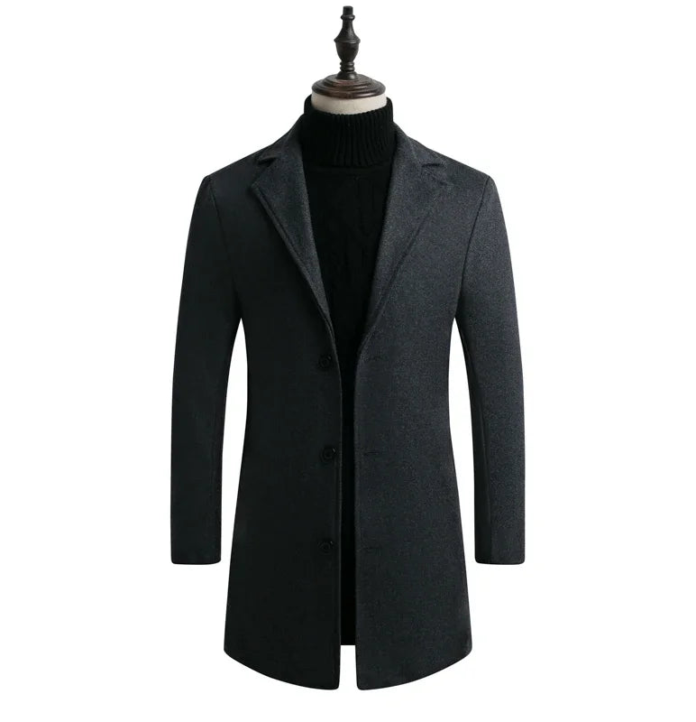 Autumn and Winter Fashion Men's Wool Blend Long Cotton Coat Men's Solid Color Casual Senior Slim Fit Single Breasted Trench Coat