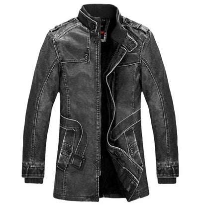 High Quality Leather Jacket Men Slim Warm Washed Leather Motorcycle Biker Jackets Standing Collar Coat Plus size 4XL Long Parkas