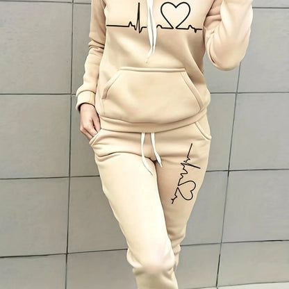 Women's 2-piece Set, Hooded Sweatshirt And Printed Pants, Running Sportswear, Girls' Warm Sportswear, Autumn And Winter