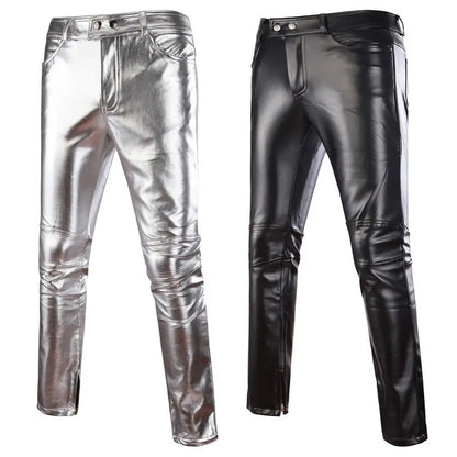 Black Casual Trouser Mens Skinny Shiny Gold Silver PU Leather Motorcycle Nightclub Stage Skinny Pants for Singers Dancers