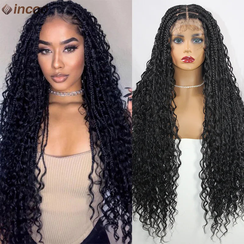 Long 32 Boho Braided Full Lace Front Wigs 613 Blonde Curly Goddess Locs Wigs Pre Plucked With Baby Hair Synthetic Box Braids Wig