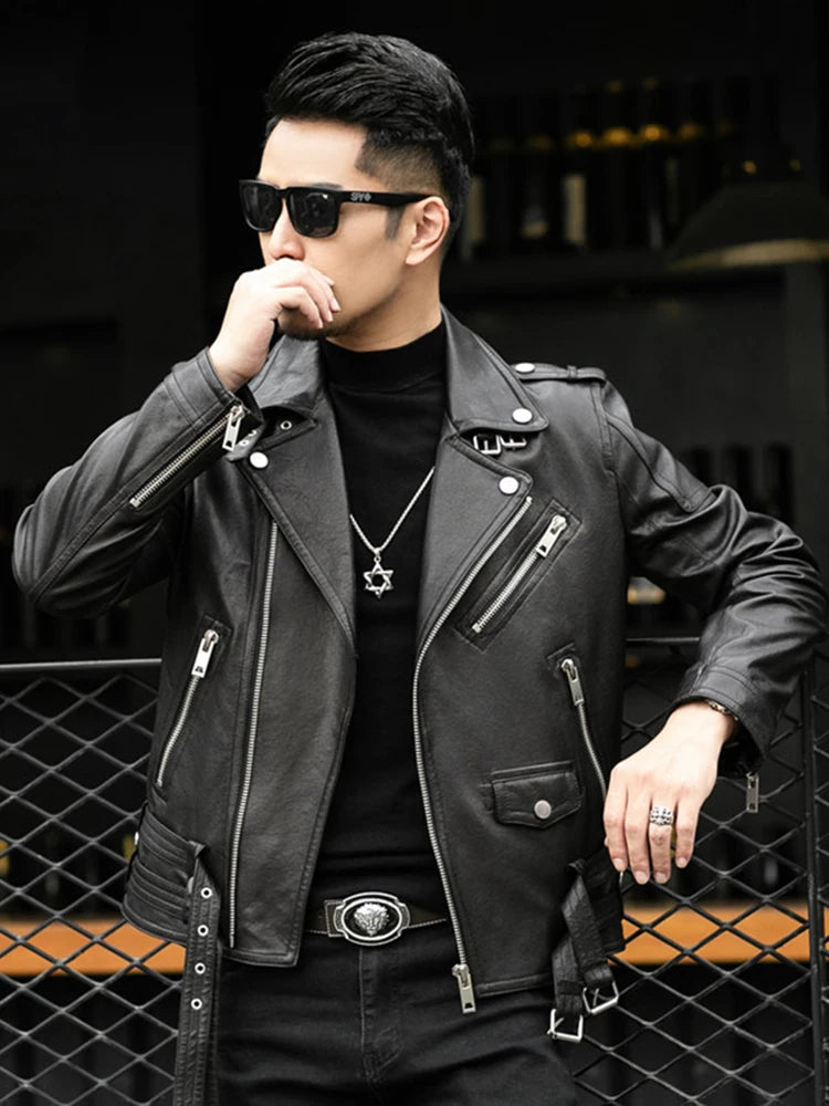 Spring Autumn Short Cool Black Leather Biker Jacket Men Zipper Long Sleeve Belt Plus Size European Fashion brand leather jackets