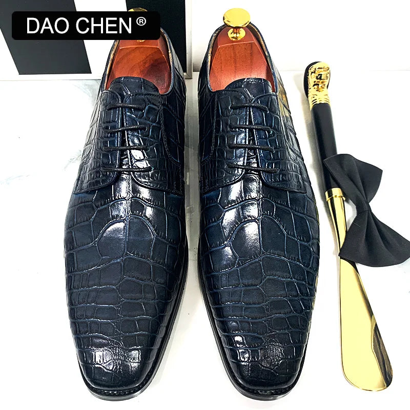 DAOCHEN ITALIAN MEN LEATHER SHOES BLUE BLACK CROCODILE PRINT LACE UP CASUAL DRESS MAN SHOE OFFICE WEDDING SHOES FOR MEN