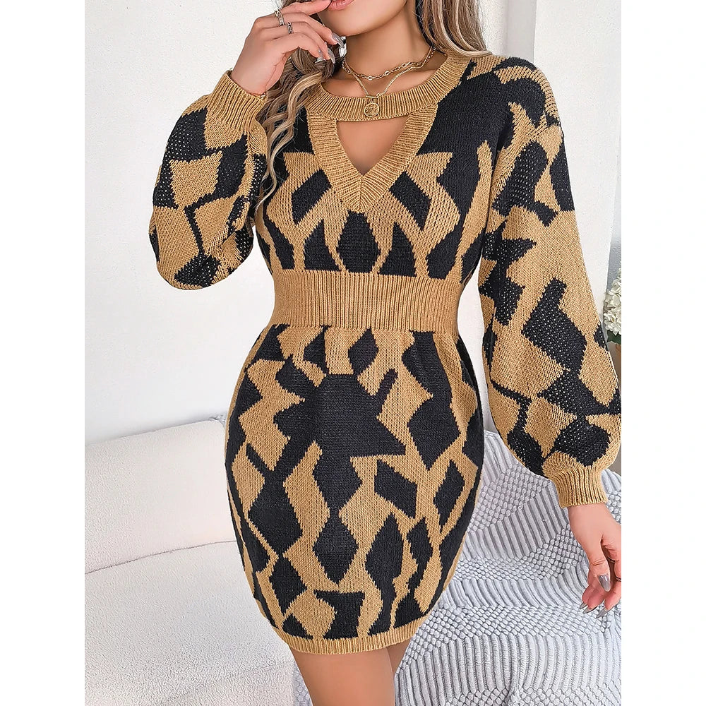 Mia Muse Autumn Winter Women's Dresses V Neck Long Sleeve Irregular Printing Mini Fashion Fitting Slim Knit Dresses