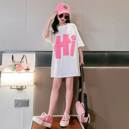 10 12 14 Years Girls Long Tops Short Sleeve Letter Print T-shirt Fashion Casual Teenager Clothing Summer Hot Sales Tees Clothes