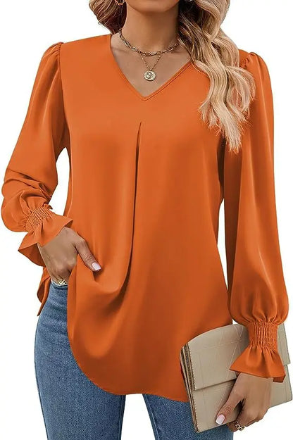 Women's New Solid Color Chiffon Shirt V-neck Pullover Flared Long Sleeved Top Shirt Office Lady Elegant Khaki Loose Blouses