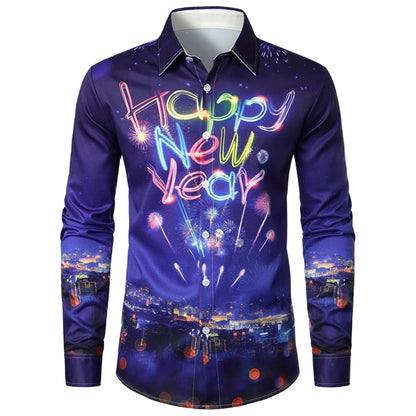 2025 New Year Men's Shirts Happy New Year 3d Print Long Sleeve Shirts For Men Casual Fashion Men's Clothing Loose Oversize Shirt