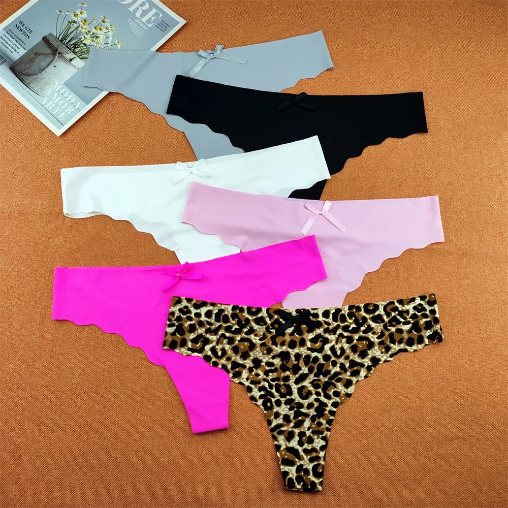 3pcs Ruffles Low Cut Ultra Thin Thong Women Seamless T-shaped Panties Girls Bikini G-string Solid Leopard Underwear Plus Size