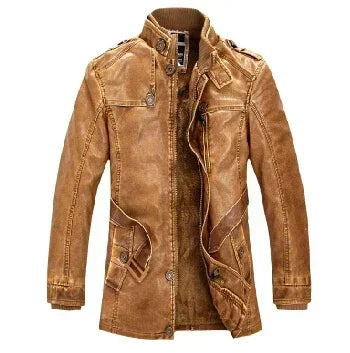 High Quality Leather Jacket Men Slim Warm Washed Leather Motorcycle Biker Jackets Standing Collar Coat Plus size 4XL Long Parkas