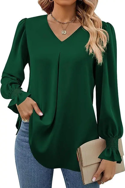 Women's New Solid Color Chiffon Shirt V-neck Pullover Flared Long Sleeved Top Shirt Office Lady Elegant Khaki Loose Blouses