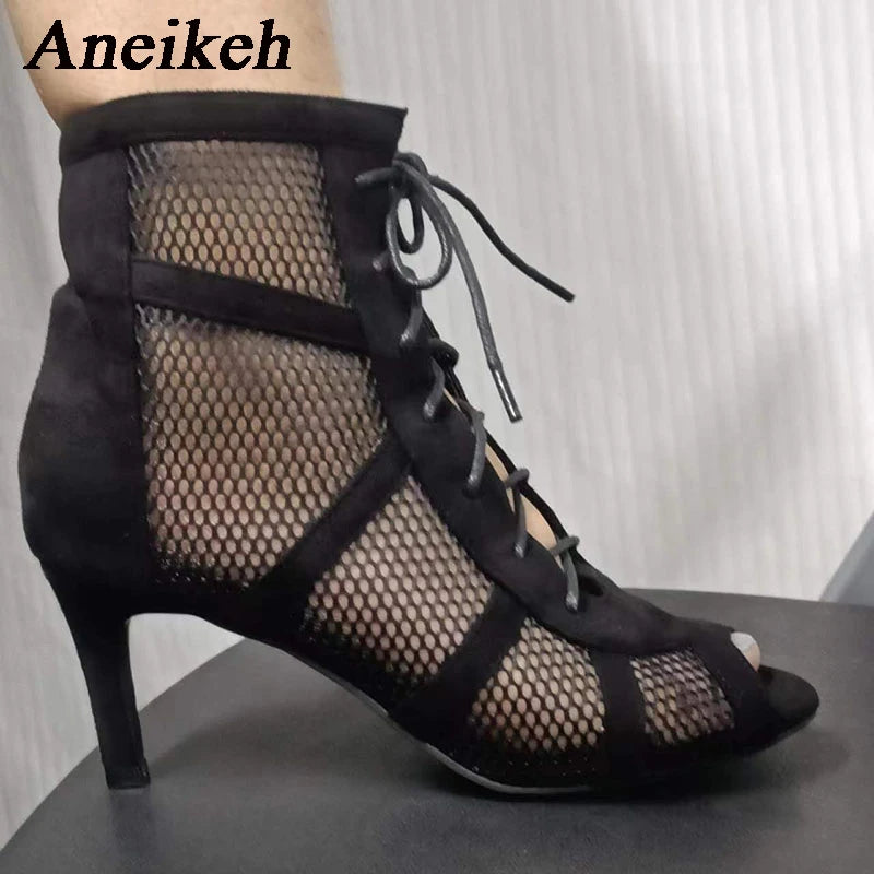 Aneikeh 7CM Middle Heel Dance Hollow Out Ankle Strap Sandal Boots 2023 Fashion Summer Lace Up Cross-tied Peep Toe Lady Shoes