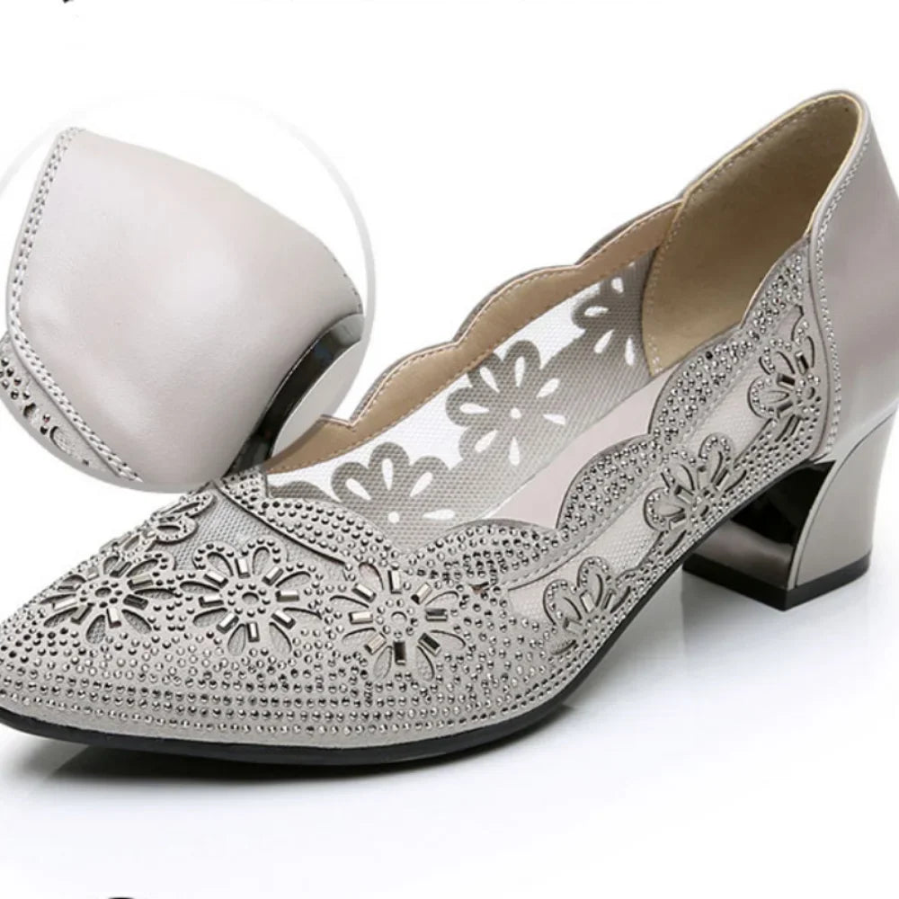 Summer Fashion Hollow Out Genuine Leather Pumps Women Shoes Med Heels Square Diamond Mesh Ladies Office  Crystal Pointshoes