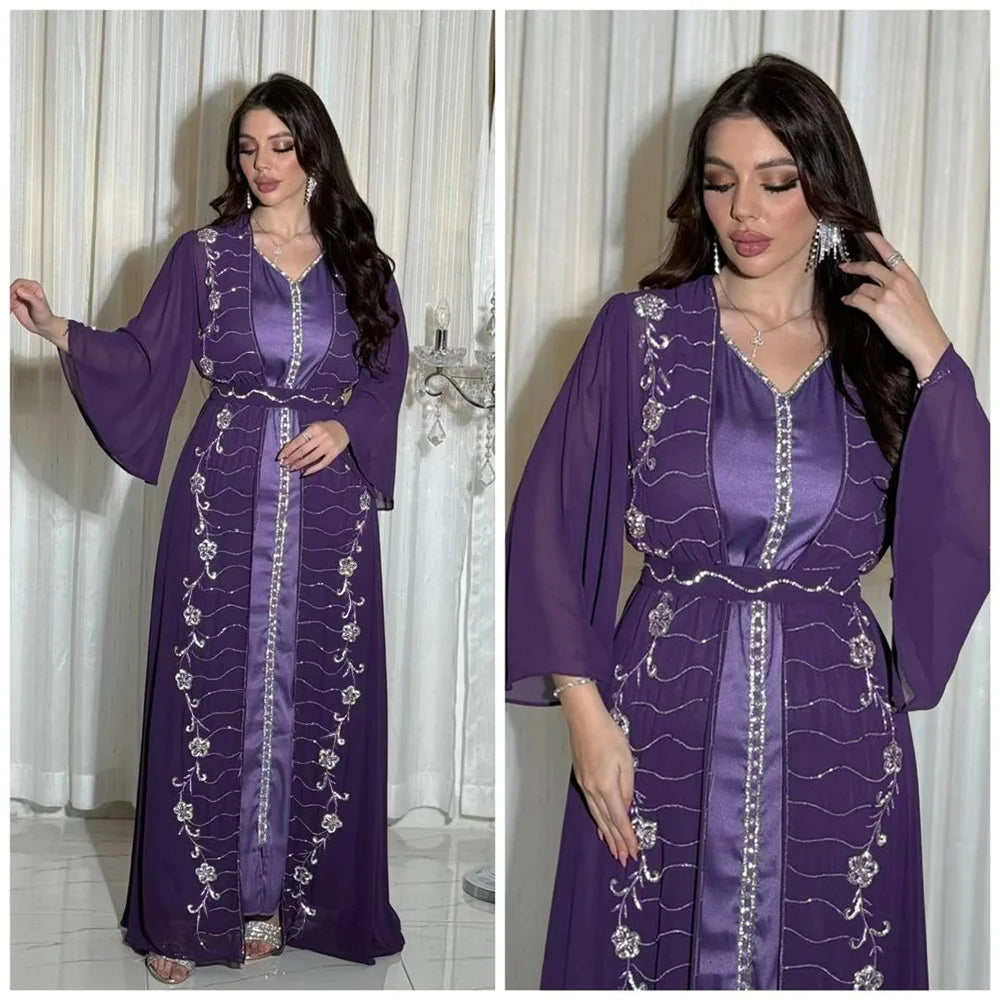 Muslim Middle East Diamonds Jalabiya Women 2 Pieces Dress Set Dubai Turkey Kaftan Abaya Marocain Robe Arabic Djellaba Eid Gown