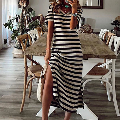 Summer Women Long Dress Maxi Split Striped V Neck Beach Tshirt Dress Female Dress Vacation Beach Casual Short Sleeve Loose Dress