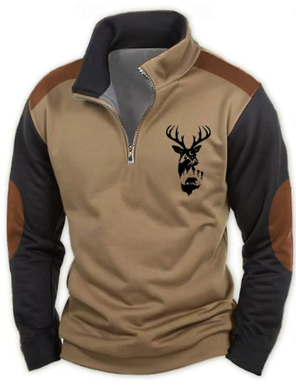 Fashion Milu Deer Print Men's Half Zip Long Sleeve Sweatshirts Casual Stand Collar Street Clothing Top Autumn Oversized Pullover