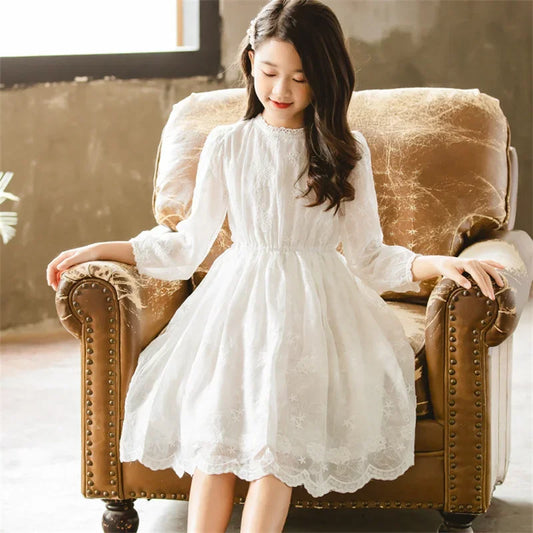 Kids Dresses Teenage White Wedding Party Lace Girl Dress Long Sleeve Children Carnival Spring Autumn 6 8 10 12 14 16 Years