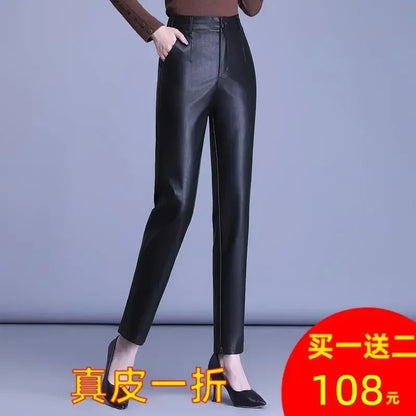 Genuine Leather Pants Women's Sheepskin Ankle-Tied Harem  Autumn and Winter New Casual Pants Elastic High Waist Pants