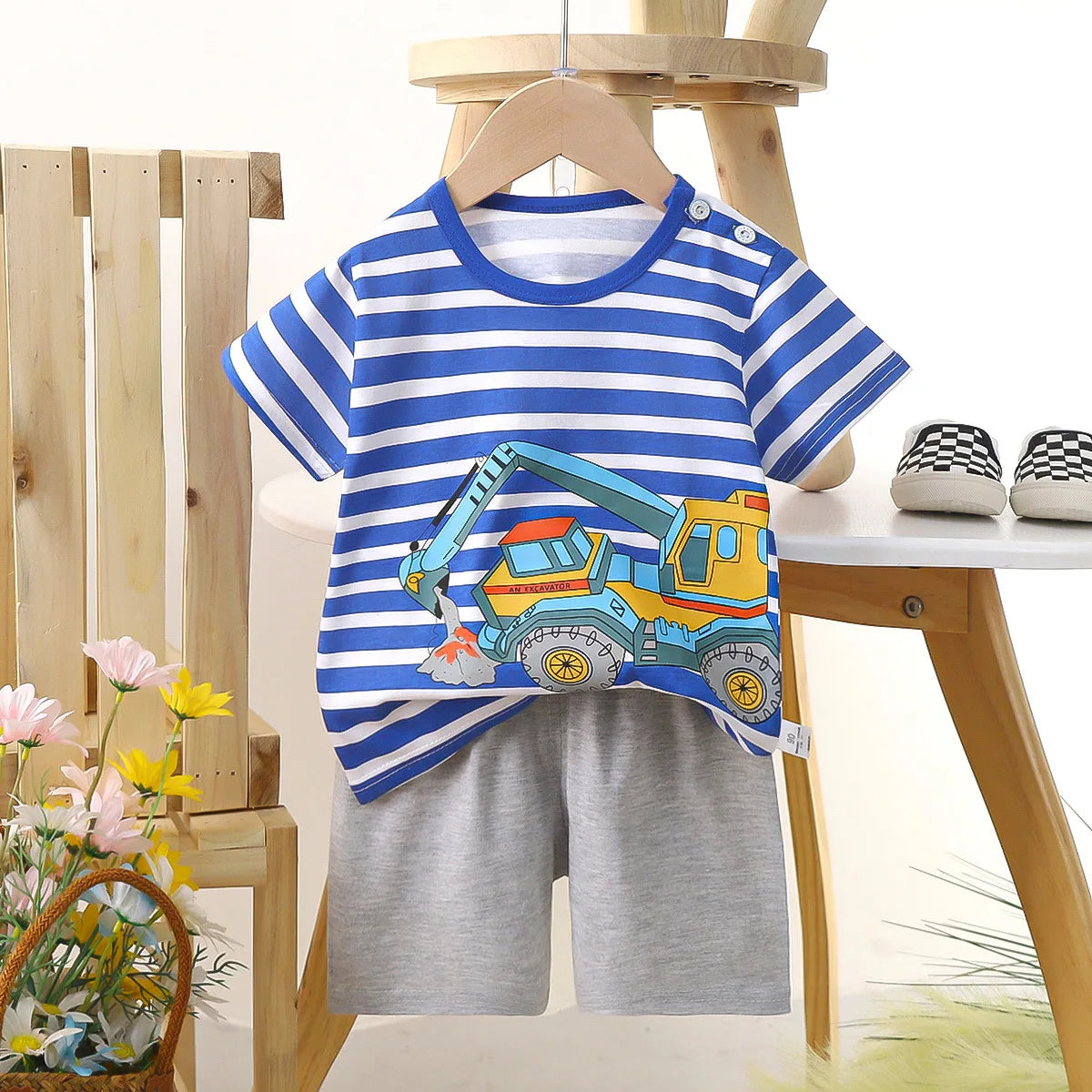 2Piece Summer Kids Clothes Boys Korean Set Outfit Casual Cartoon Cute Stripe Short Sleeve Tops+Loose Shorts Baby Clothing BC1697