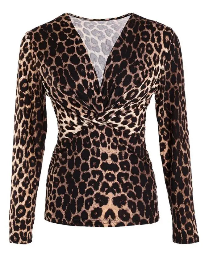 Sexy Elegant Cheetah Print V-Neck Long Sleeve Top 2025 Autumn Winter Spring New Fashion Casual T-Shirt Pullover Tops