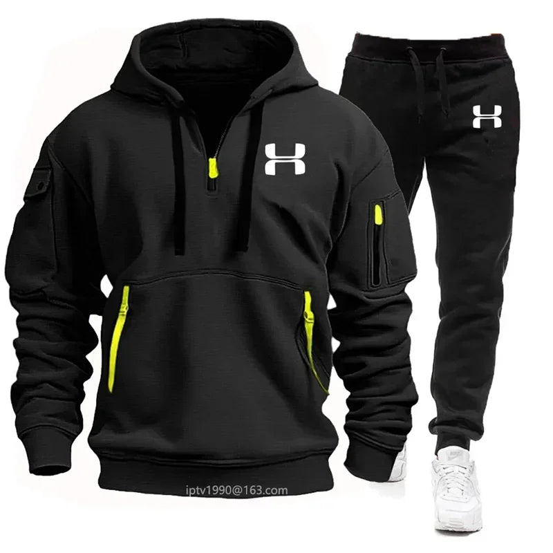 New men's sports suit, outdoor jogging fitness multi-pocket hoodie + pants 2 sets, fashion autumn and winter men's leisure suit