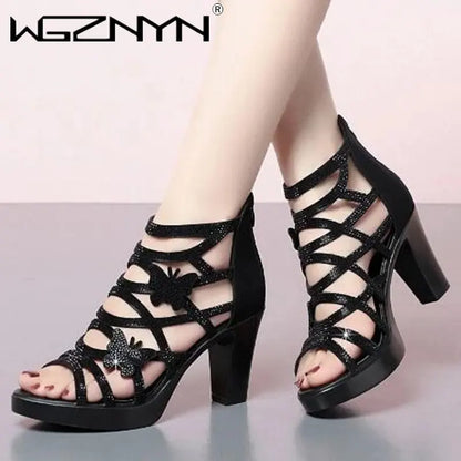 Woman Sandals Women Cyrstal Comfortable Pumps Ladies Fashion High Heels Female Rome Bling Hollow Out Shoes Women's Zip Footwear