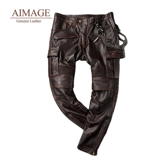 Vintage Men Cowhide Leather Pants Multi Pockets Pantalones De Cuero Moto Ride Pantalon Cuir Travel Windproof Latex Homme PY416