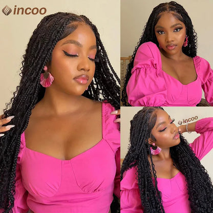 Long 32 Boho Braided Full Lace Front Wigs 613 Blonde Curly Goddess Locs Wigs Pre Plucked With Baby Hair Synthetic Box Braids Wig