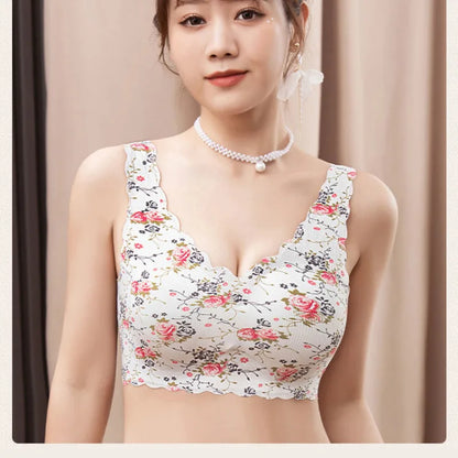 40-100KG Summer Thin Traceless Ice Silk Women Bras Large Size Beautiful Back Lingerie Floral Print Non Steel Ring Gather Bra