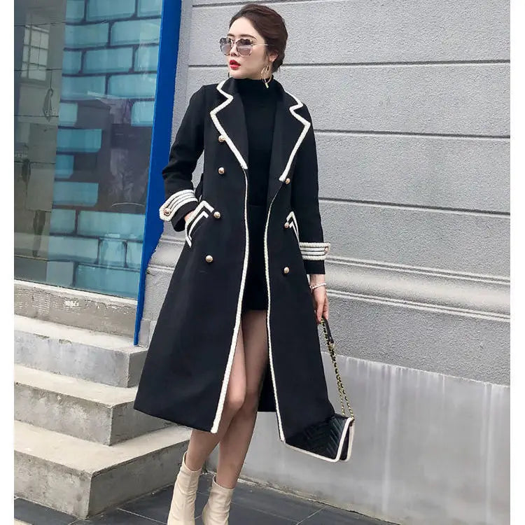 White Over Knee Wool Coat Women Winter Clothing British Hepburn Style Thick Slim Black Double breasted Long Coat Women Clothing