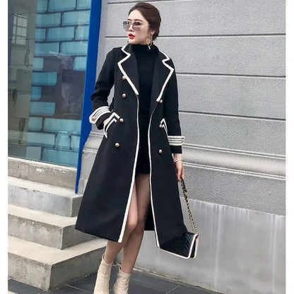 White Over Knee Wool Coat Women Winter Clothing British Hepburn Style Thick Slim Black Double breasted Long Coat Women Clothing