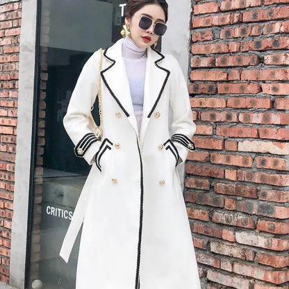 White Over Knee Wool Coat Women Winter Clothing British Hepburn Style Thick Slim Black Double breasted Long Coat Women Clothing