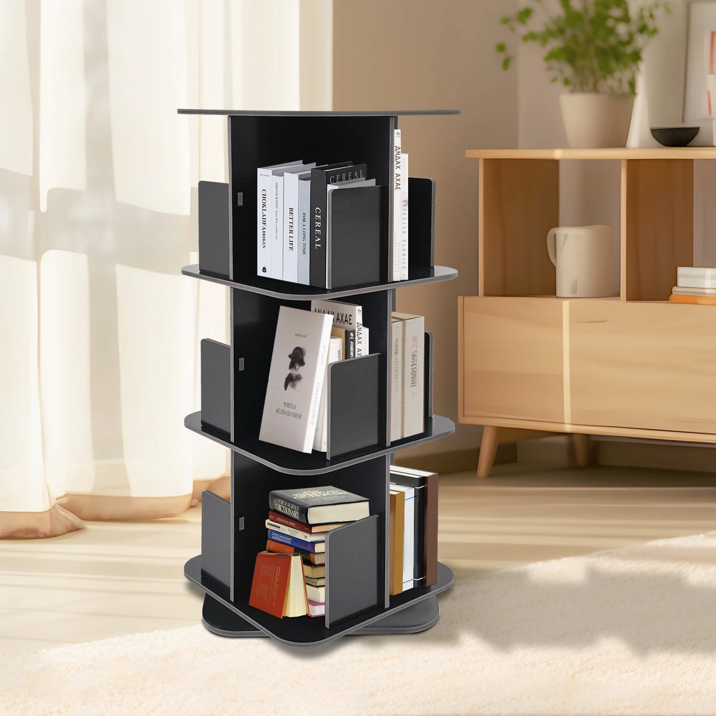 Good Stability 3 Tier Standing Bookcase 360° Rotating Bookshelf Space-Saving for Bedrooms/Living Rooms/Game Rooms Safe Baffle