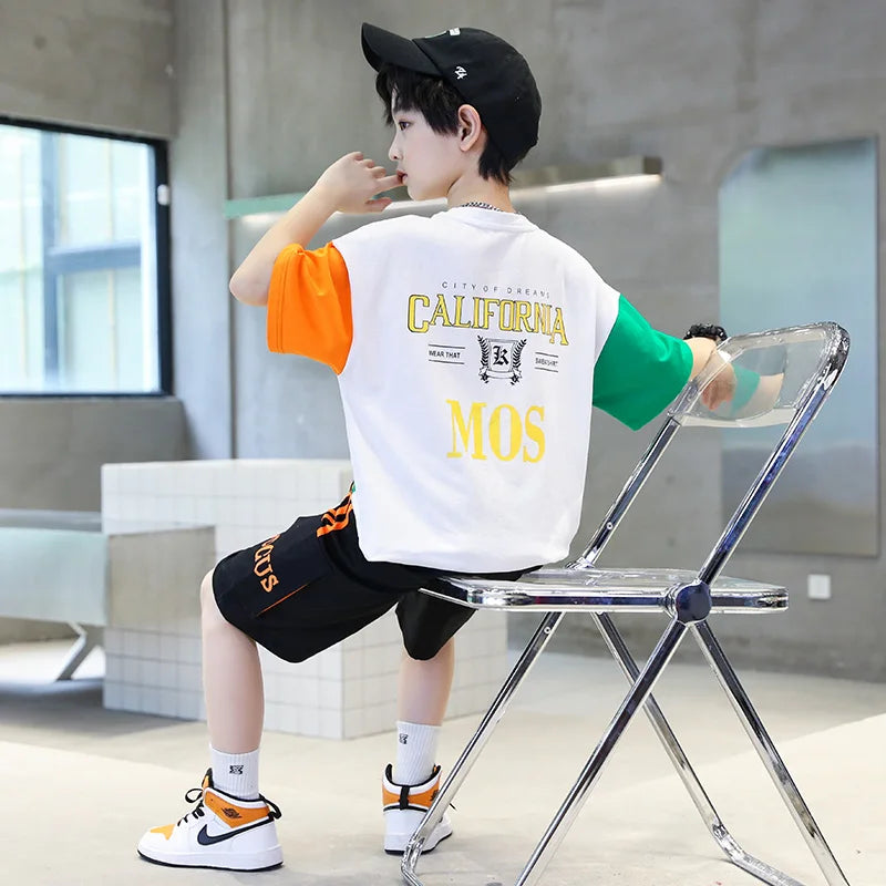 2024 summer Teenager Boys Clothes Casual Outfit Kids Tracksuit Child t shirt + shorts hot pant 4 5 6 7 8 9 10 12 11 13 14 Year