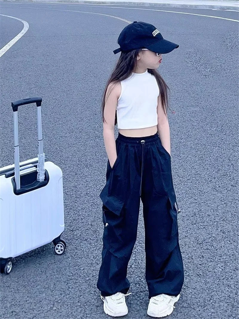 Teen Girls Joggers Pants Loose Casual Fashion Children Straight Trousers Pockets Design Trendy Cool Streetwear Kids Pants 5-14 Y