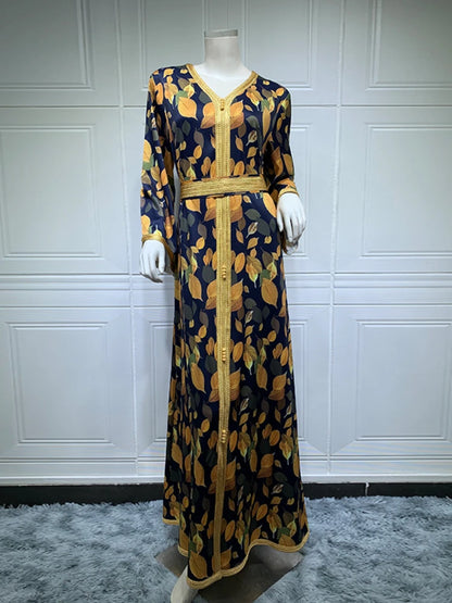 Dubai Print Muslim Women Dress Turkey India Ramadan Abaya Belt Dresses  Islamic Vestido Moroccan Kaftan Arab Elbise Autumn