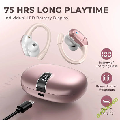 Bluetooth 5.3 IP7 Waterproof Wireless Earbuds with ENC Noise Cancelling Deep Bass Sports Gym Earhooks LED Display