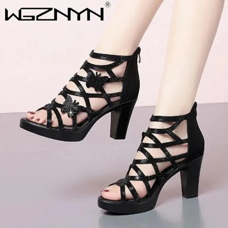 Woman Sandals Women Cyrstal Comfortable Pumps Ladies Fashion High Heels Female Rome Bling Hollow Out Shoes Women's Zip Footwear